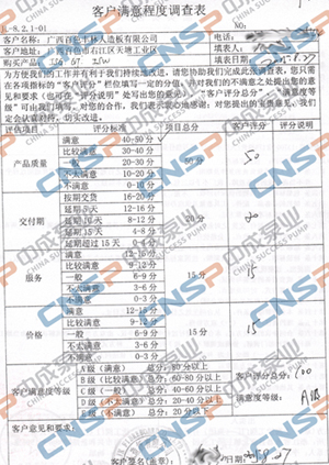 中成泵業2015年度客戶滿意度調查展示